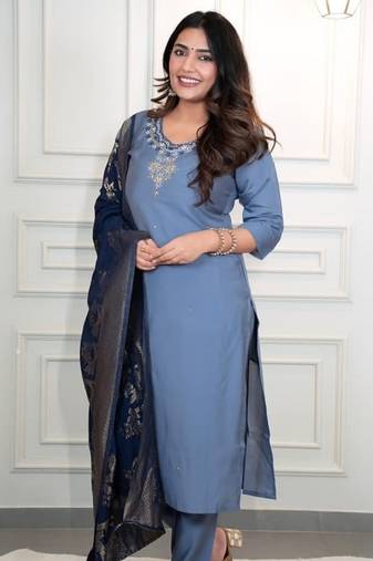 BLUE HANDWORK BEADS NECK Kurti Pant Dupatta Set