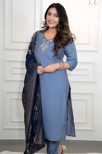 BLUE HANDWORK BEADS NECK Kurti Pant Dupatta Set