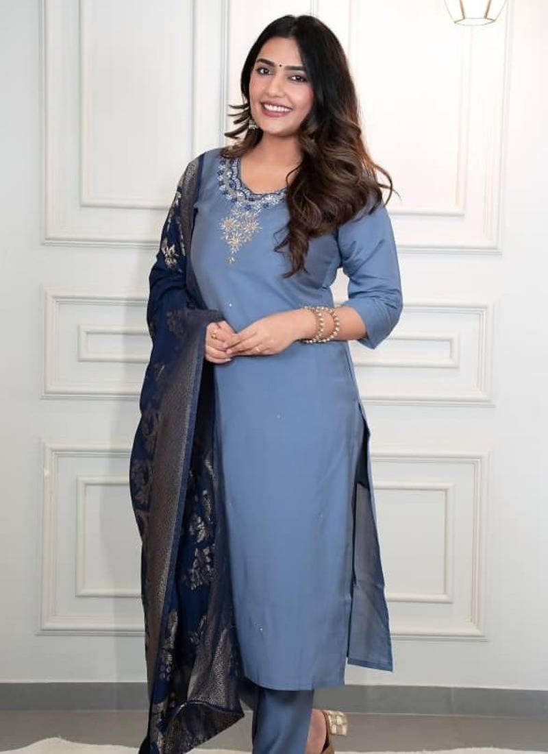 BLUE HANDWORK BEADS NECK Kurti Pant Dupatta Set