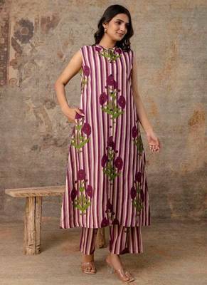 Magenta Striped Floral Sleeveless Cotton Kurta Set 1