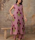 Magenta Striped Floral Sleeveless Cotton Kurta Set