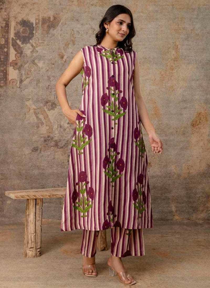 Magenta Striped Floral Sleeveless Cotton Kurta Set