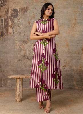Magenta Striped Floral Sleeveless Cotton Kurta Set 2