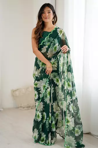 green georgette flowers printed mirror work border saree
