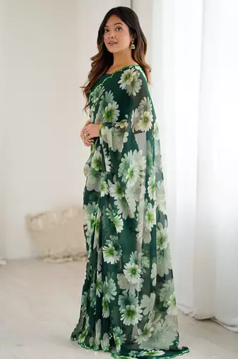 green georgette flowers printed mirror work border saree