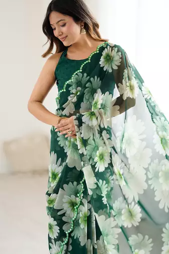 green georgette flowers printed mirror work border saree