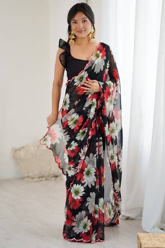 black georgette flowers printed mirror work border saree