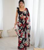 black georgette flowers printed mirror work border saree