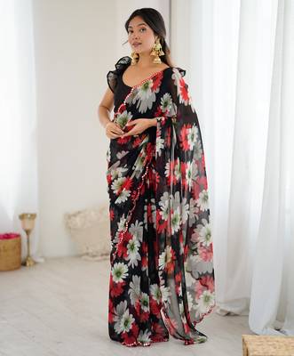 black georgette flowers printed mirror work border saree 3