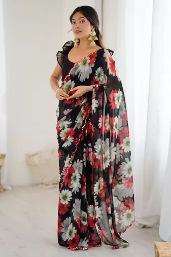 black georgette flowers printed mirror work border saree