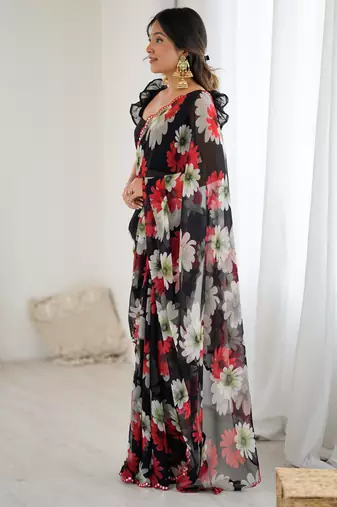 black georgette flowers printed mirror work border saree