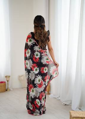 black georgette flowers printed mirror work border saree 5