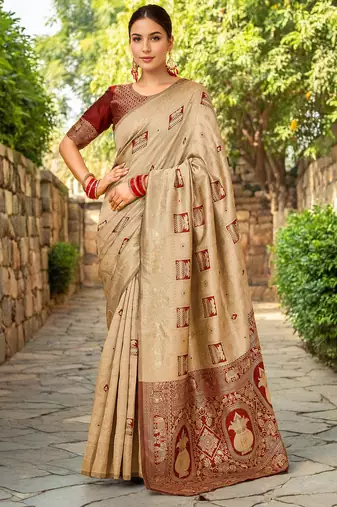 Beige paithani silk blend saree with intricate hand woven and unstitched blouse