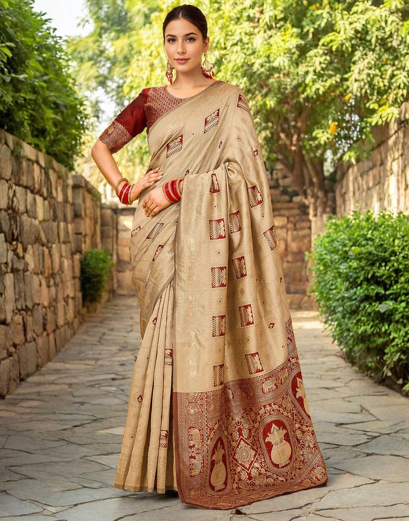 Beige paithani silk blend saree with intricate hand woven and unstitched blouse