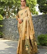 Cream paithani silk blend saree with intricate hand woven and unstitched blouse