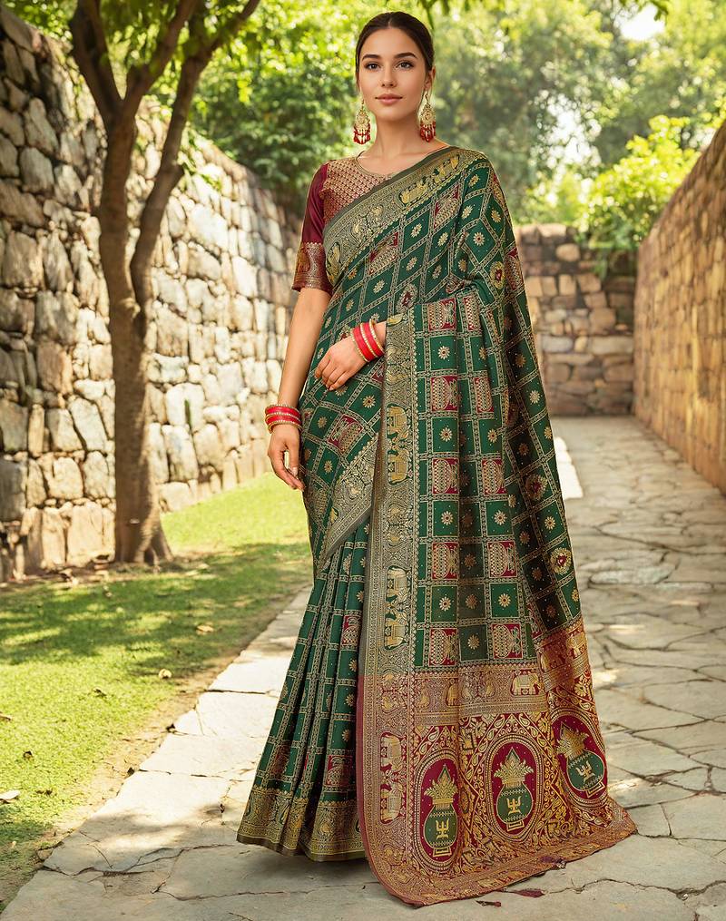 Green heavy paithani saree in pure silk with intricate hand woven details – with unstitched blouse