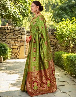 Light green paithani silk blend saree with intricate hand woven and unstitched blouse 2
