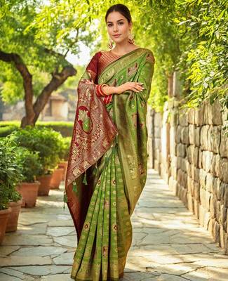 Light green paithani silk blend saree with intricate hand woven and unstitched blouse 3