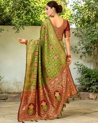 Light green paithani silk blend saree with intricate hand woven and unstitched blouse 4
