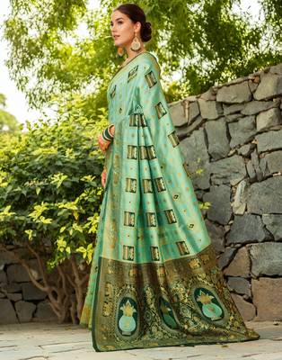 Mint green paithani silk blend saree with intricate hand woven and unstitched blouse 2