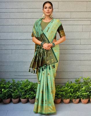Mint green paithani silk blend saree with intricate hand woven and unstitched blouse 3