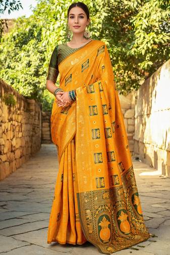 Mustard paithani silk blend saree with intricate hand woven and unstitched blouse