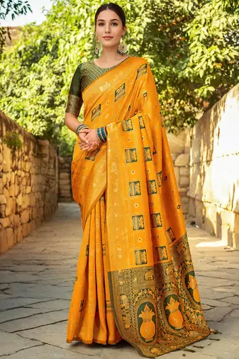 Mustard paithani silk blend saree with intricate hand woven and unstitched blouse