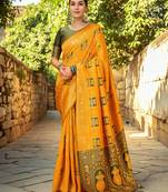 Mustard paithani silk blend saree with intricate hand woven and unstitched blouse