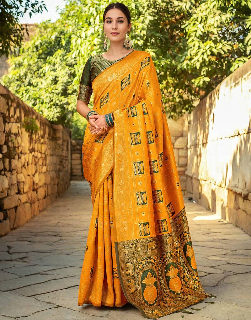 Mustard heavy paithani saree in pure silk with intricate hand woven details – with unstitched blouse