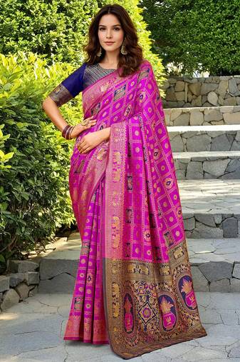 Pink paithani silk blend saree with intricate hand woven and unstitched blouse