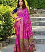 Pink paithani silk blend saree with intricate hand woven and unstitched blouse