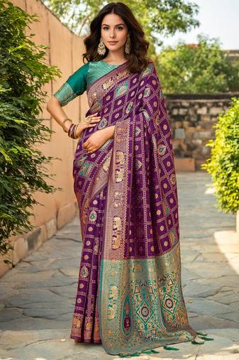 Purlpe paithani silk blend saree with intricate hand woven and unstitched blouse