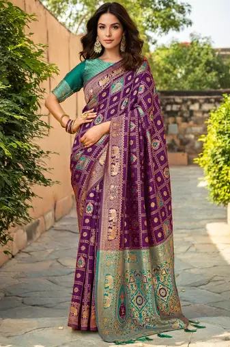 Purlpe paithani silk blend saree with intricate hand woven and unstitched blouse