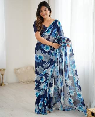 blue georgette flowers printed mirror work border saree 1