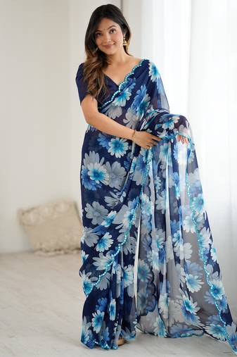 blue rich georgette silk with flowers printed beautiful tone colour mirror work boarder saree