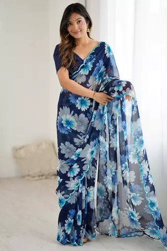 blue georgette flowers printed mirror work border saree