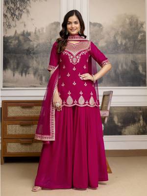 Trendmalls Pink New Georgette Embroidery Kurta Sharara Set with Dupatta 1