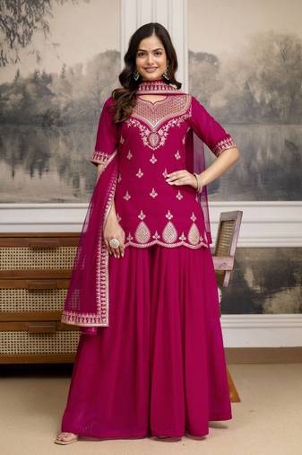 Pink New Georgette Embroidery Kurta Sharara Set with Dupatta