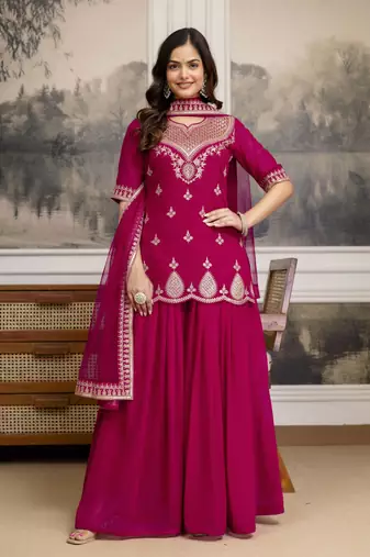 Pink New Georgette Embroidery Kurta Sharara Set with Dupatta