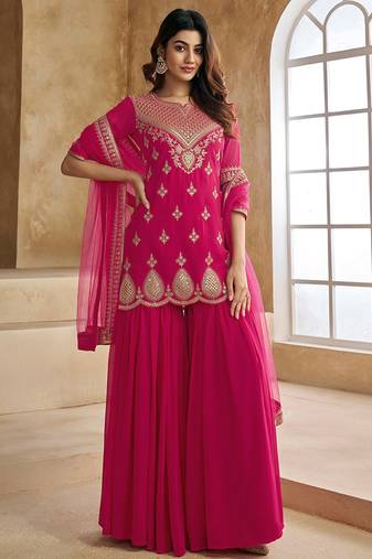 Pink New Georgette Embroidery Kurta Sharara Set with Dupatta