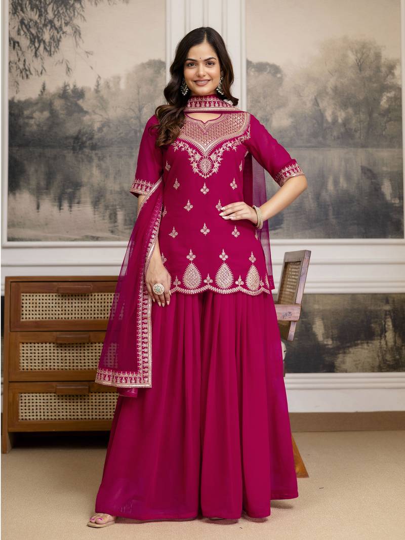 Pink New Georgette Embroidery Kurta Sharara Set with Dupatta