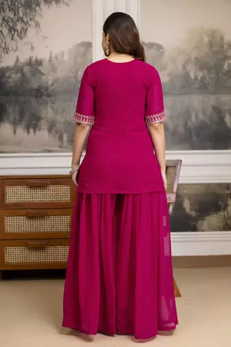Trendmalls Pink New Georgette Embroidery Kurta Sharara Set with Dupatta