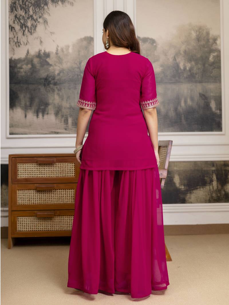 Pink New Georgette Embroidery Kurta Sharara Set with Dupatta