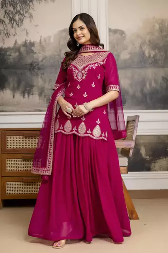 Trendmalls Pink New Georgette Embroidery Kurta Sharara Set with Dupatta