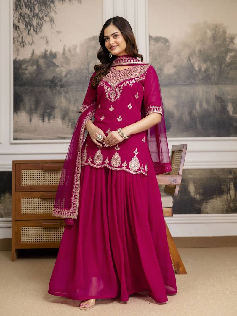 Pink New Georgette Embroidery Kurta Sharara Set with Dupatta
