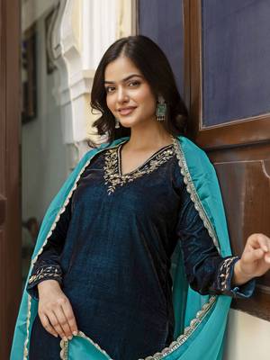 Trendmalls Velvet Embroidery Salwar Suit Set Kurta Pant with Dupatta 9