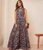 women black cotton lace detailing waistcoat with skirt co-ord set