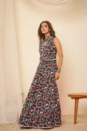 women black cotton lace detailing waistcoat with skirt co-ord set
