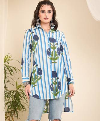 Women's white floral stripe high-low shirt 1