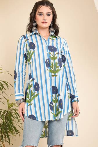 Women's white floral stripe high-low shirt
